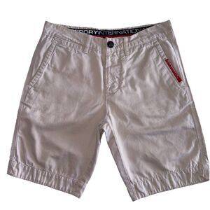 Superdry International Mens Shorts Size Small Khaki Beige Chino Button Fly